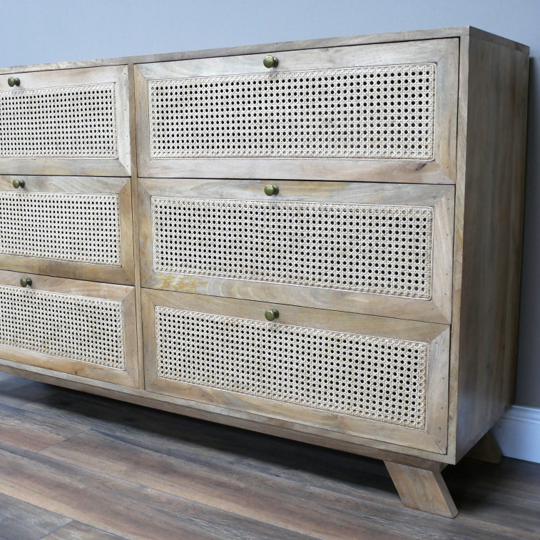 Six Drawer Rattan Front Chest Of Drawers angled view
