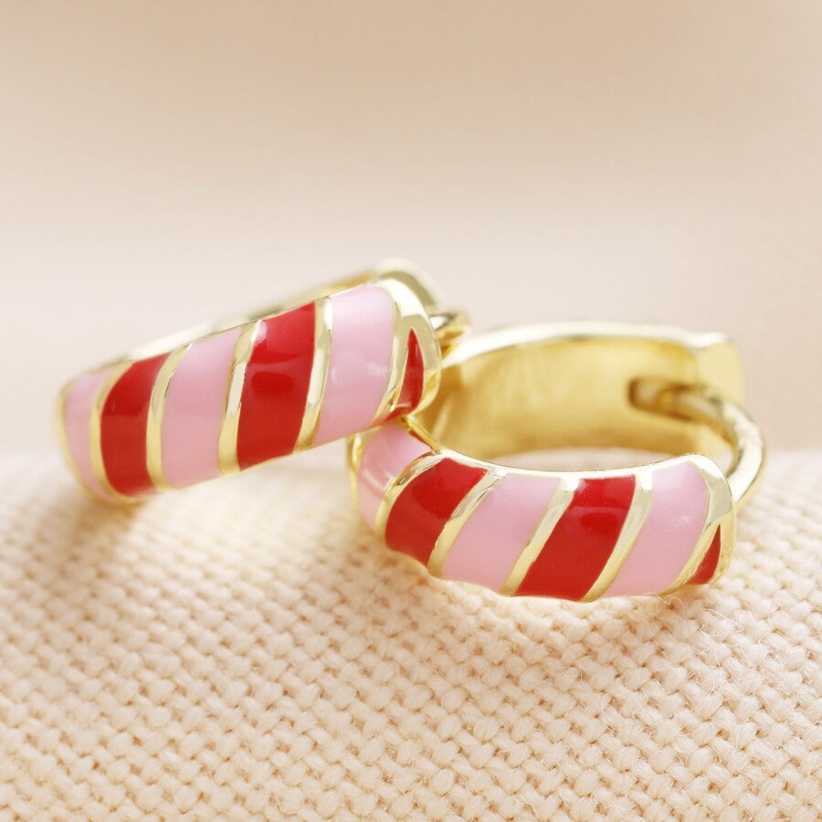 Small Enamel Striped Huggie Hoop Earrings Pink & Red candy cane stripe