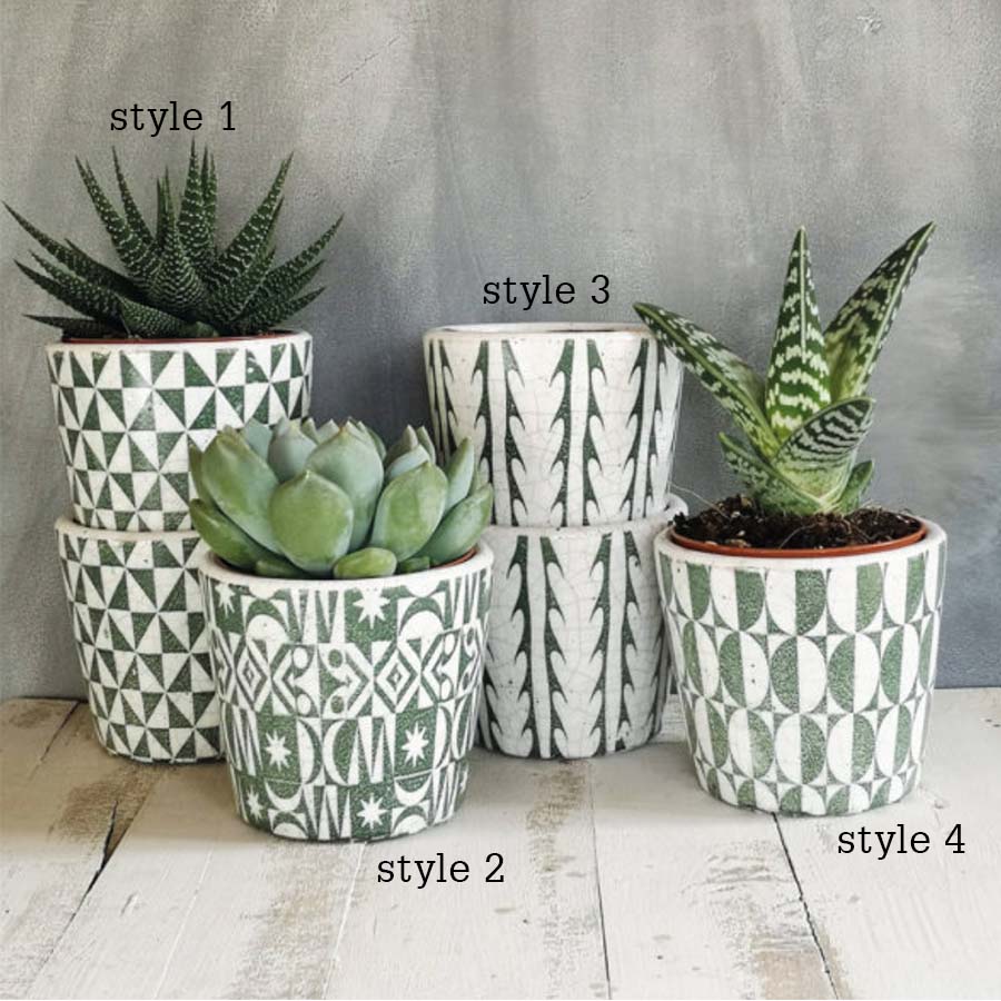 Small Green Assorted Patterned Plant Pots style 1 diamonds, style 2 stars, style 3 stripes, style 4 spots