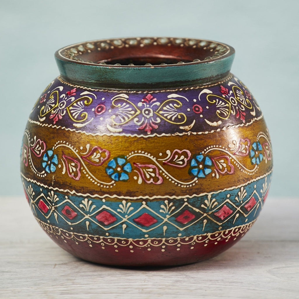 Small Multi Colour Hand Painted Wooden Round Pot