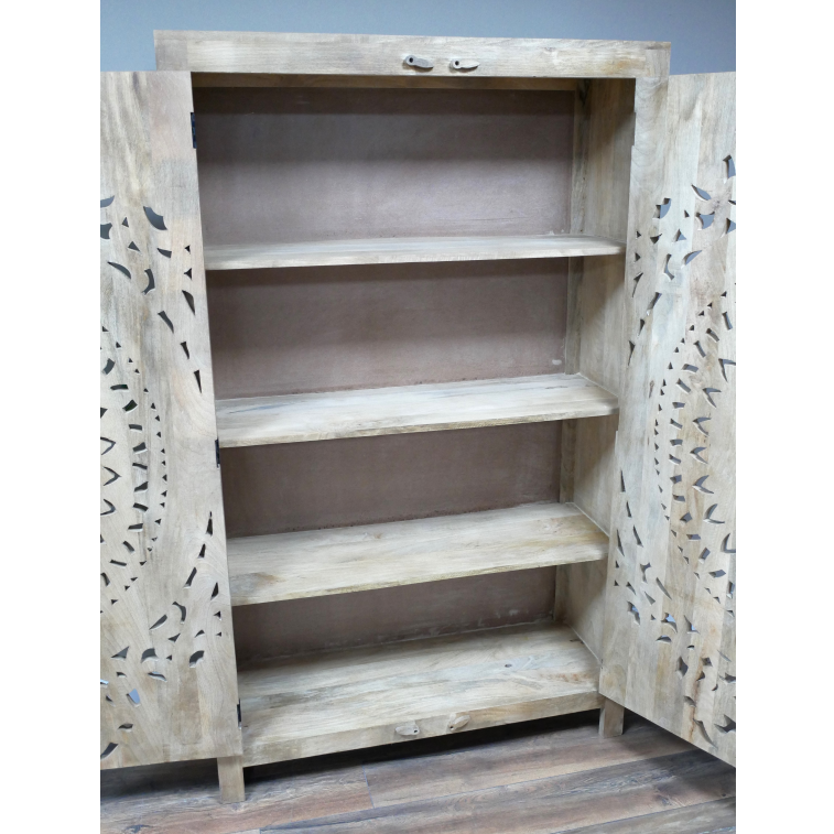 Tall Mango Wood Carved Circle Cut Out Cabinet inside four large shelves