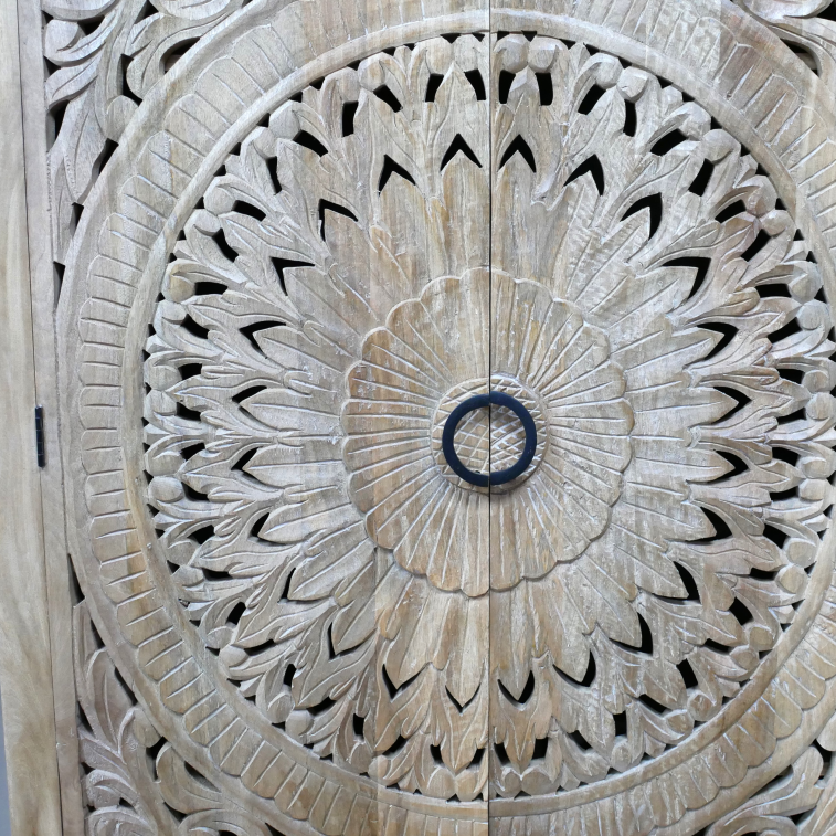 Tall Mango Wood Carved Circle Cut Out Cabinet close up intricate detail