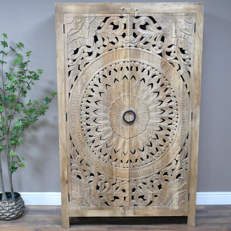 Tall Mango Wood Carved Circle Cut Out Cabinet