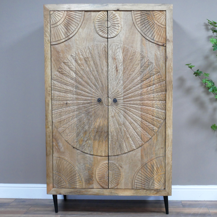 Tall Mango Wood Circle Carved Detail Cabinet