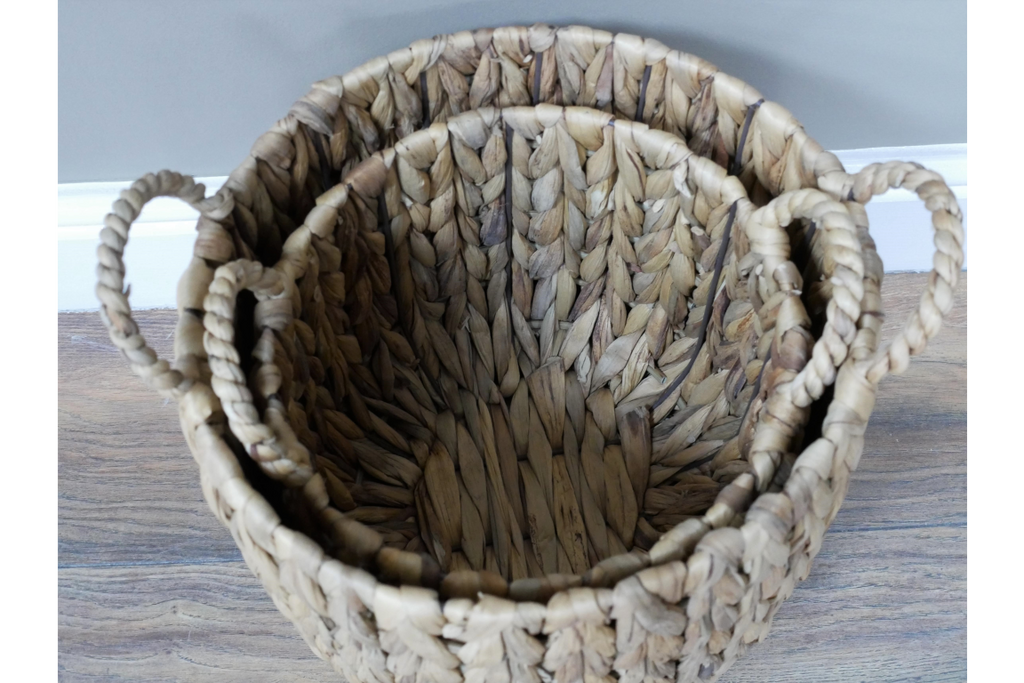 Two Handle Natural Woven Basket / Planter close up stacking, sold individually