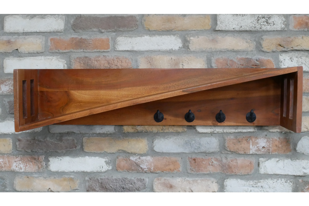 Wooden 4 Coat Hook Rack & Slanted Shelf