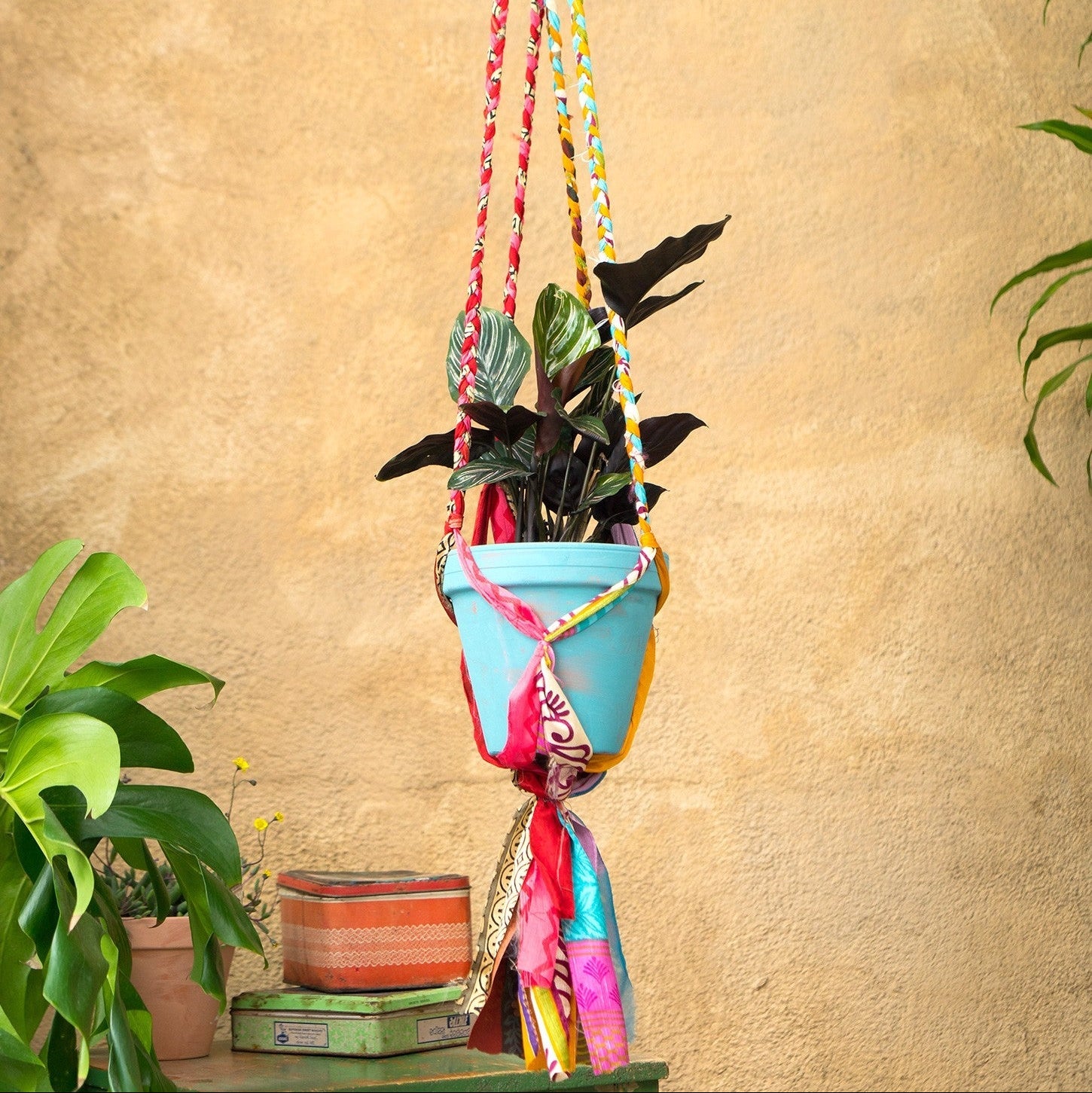 braided plant hanger Assorted Braided Sari Plant Hanger | Recycled Boho Style