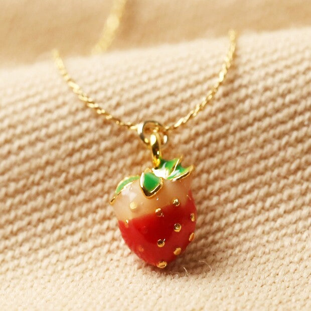Tiny Coloured Enamel Strawberry Charm Gold Necklace close up strawberry pendant