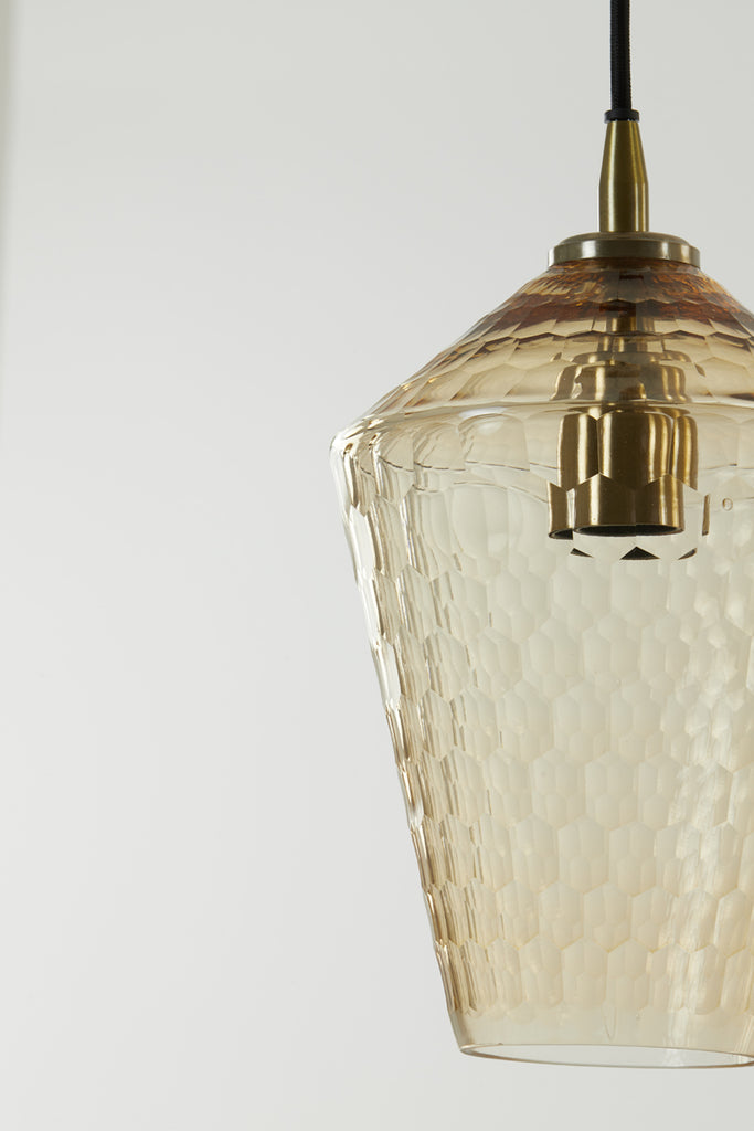 Textured Hexagon Amber Glass Hanging Lamp Close Up