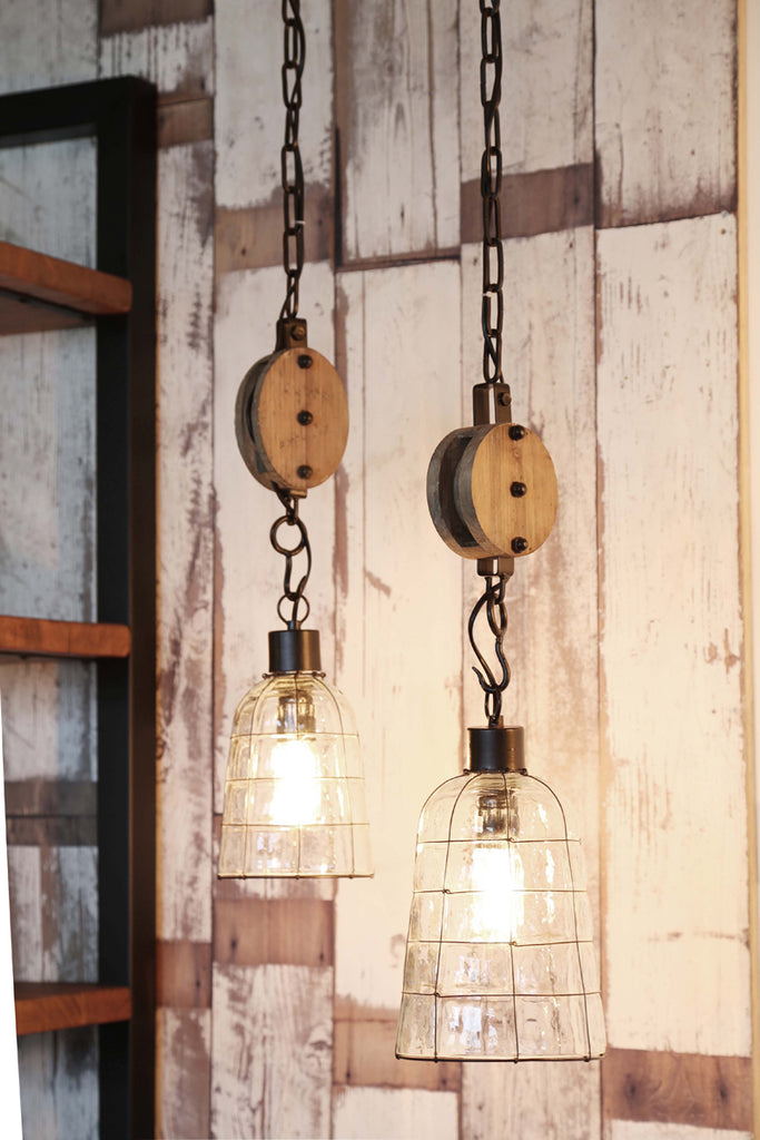 Glass Pendant With Wooden Pully