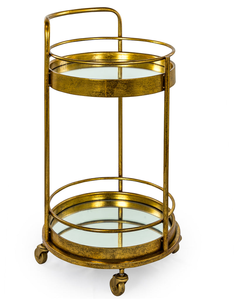 Antique Metal Small Round Bar Trolley Gold with Mirror Shelves