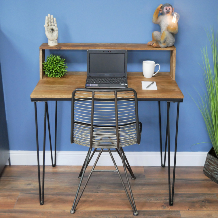 Iron and Mango Wood Industrial Desk front on display picture