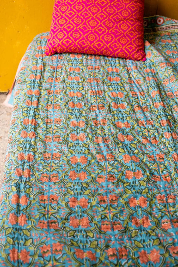 Block Printed Indian Double Quilt in Orange & Blue