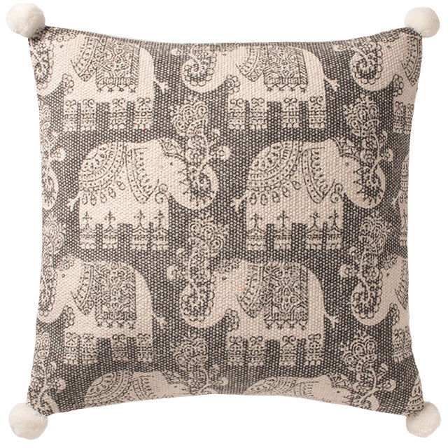 Cotton Elephant Print Cushion with Pom Poms