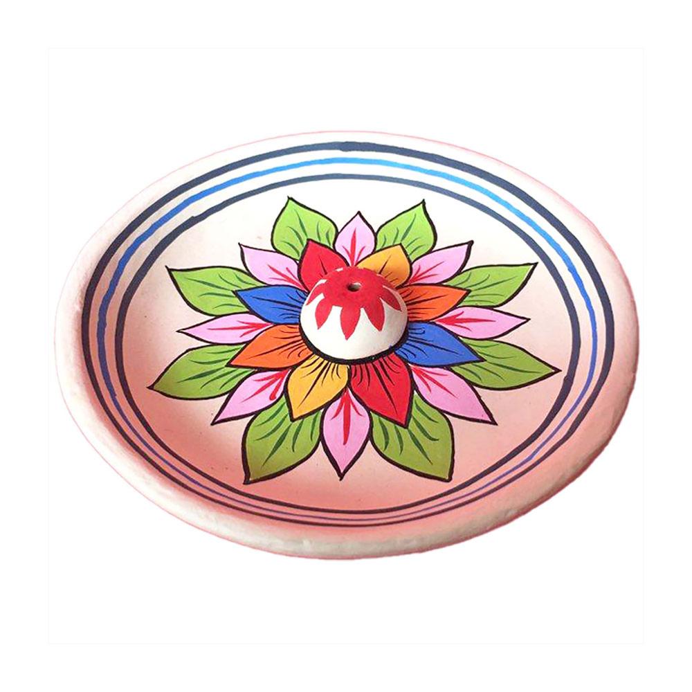 Painted Clay Incense Holder with Lotus Design