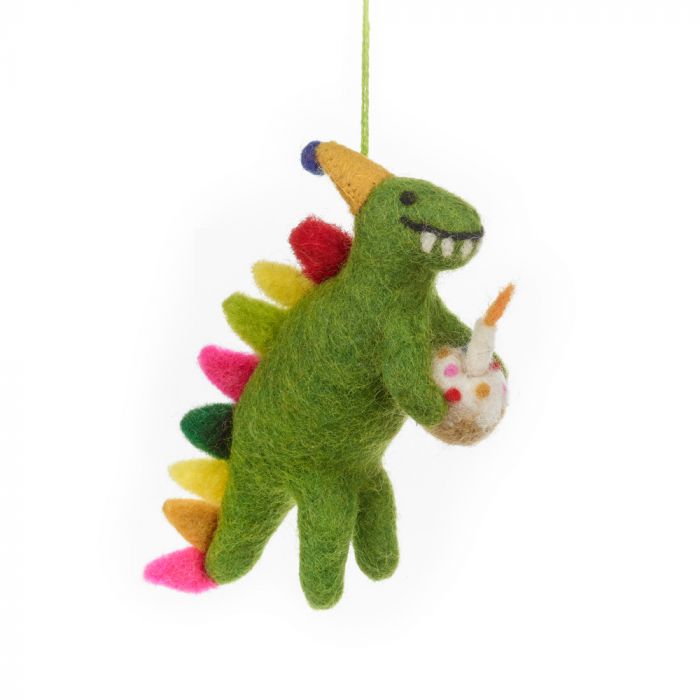 Felt birthday dino, made from wool, With his needle felted party hat, birthday cake with candle and multi-coloured scales he's certainly looking the part. This decoration is the perfect quirky gift for any birthday celebration, handmade using sustainable and biodegradable materials.