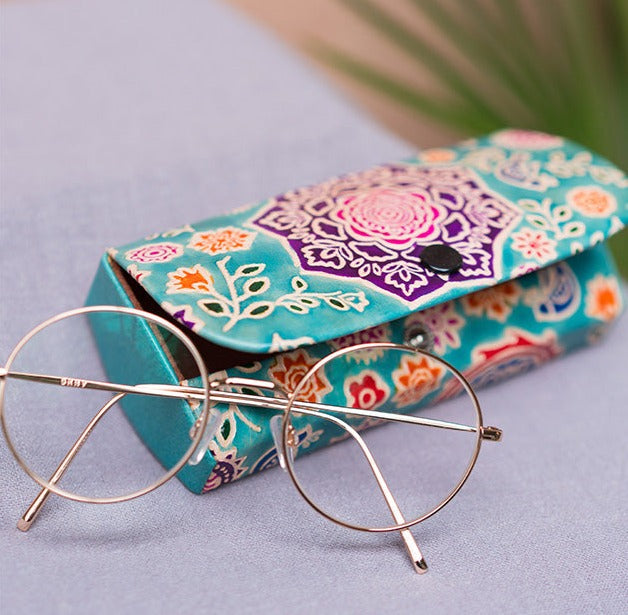 Turquoise Floral Leather Glasses Case