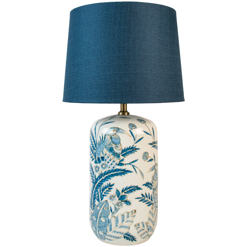 Birds in Foliage Table Lamp with Blue Shade