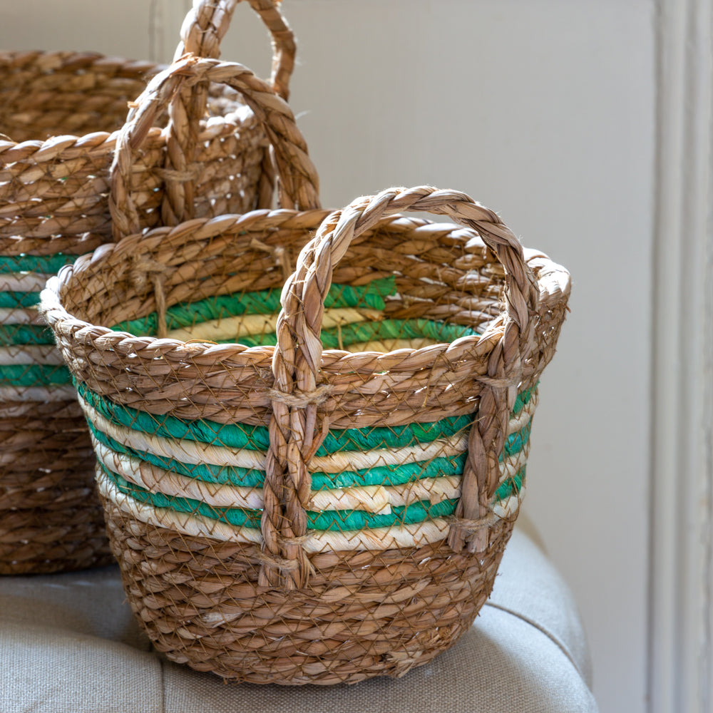 Green Striped Straw & Corn Basket With Handles