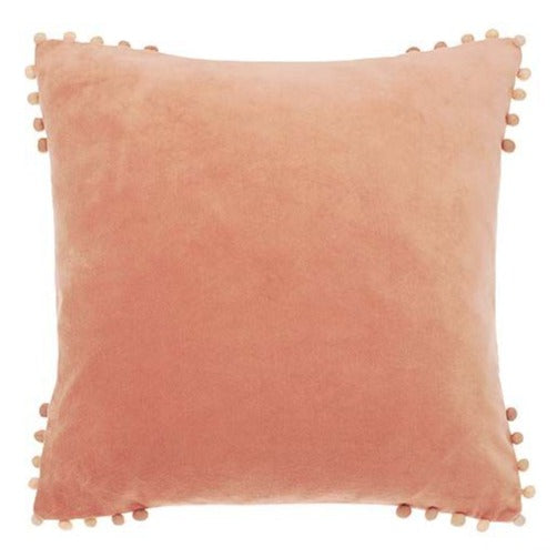 Light Pink Velvet Cushion With Pom Poms