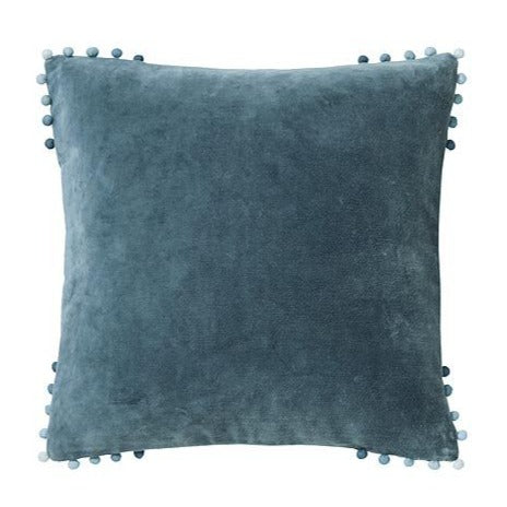 Slate Blue Velvet Cushion With Pom Poms