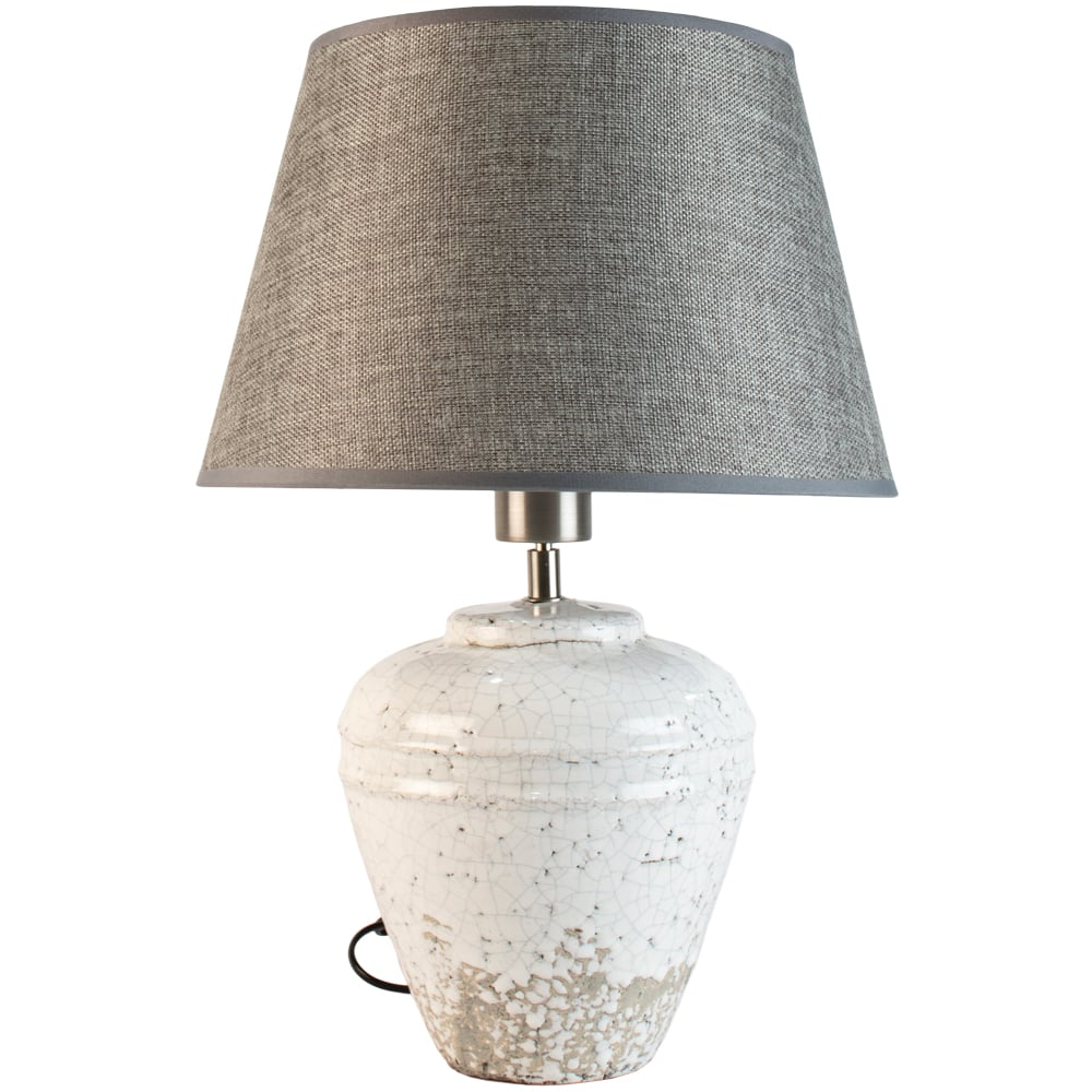 Stoneware lamp with grey shade  , white crackle glaze base with a linen look textured grey shade