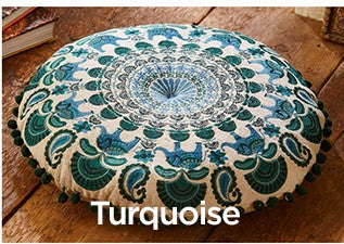 Round Embroidered Mandala Cushion Turquoise
