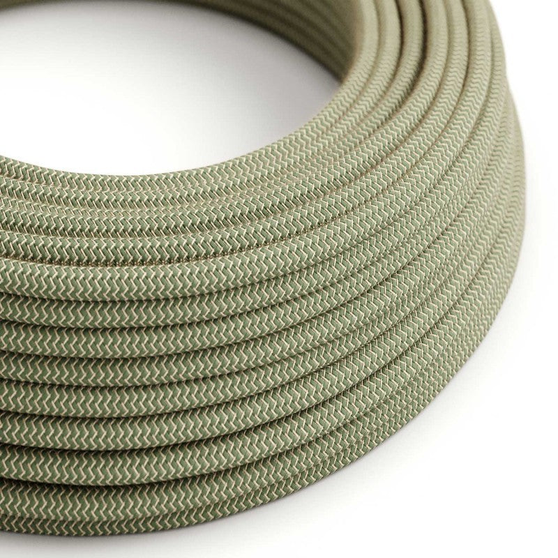 Round 3 Core Electrical Cable covered by Cotton & Linen in Green and Natural Zigzag