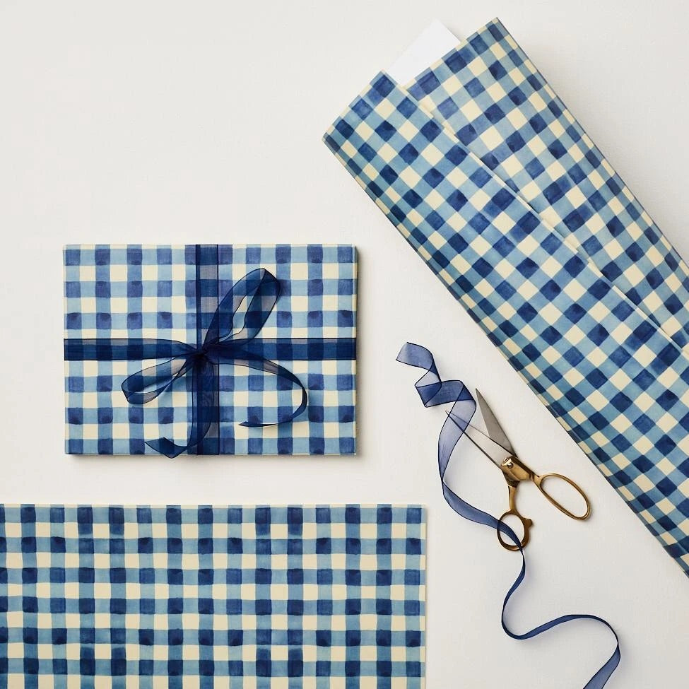 Blue Gingham Patterned Paper Gift Wrap