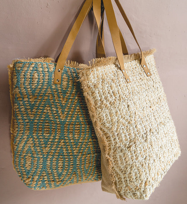 Jute & Cotton Bag With Leather Handles