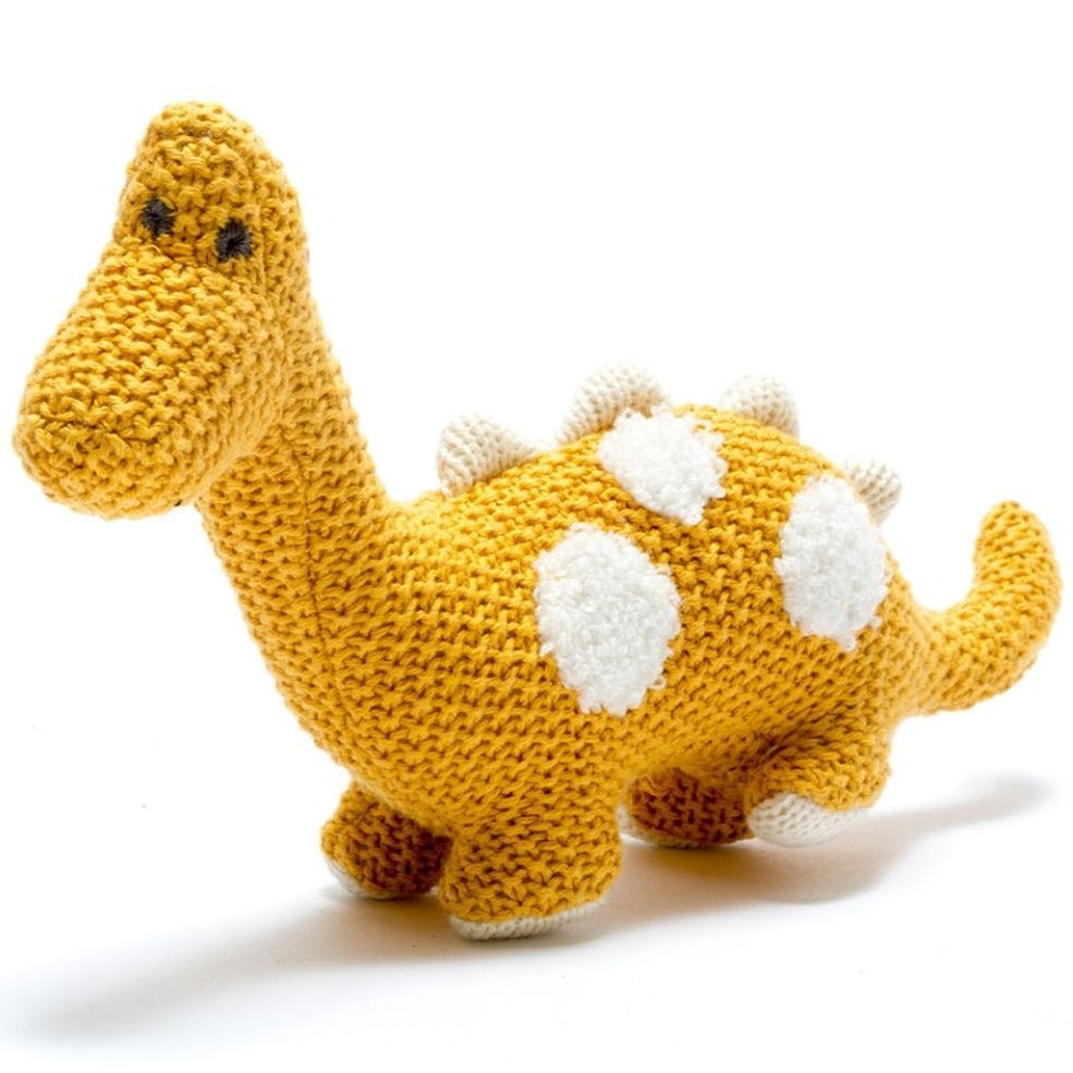 Small Knitted Organic Cotton Diplodocus Toy mustard