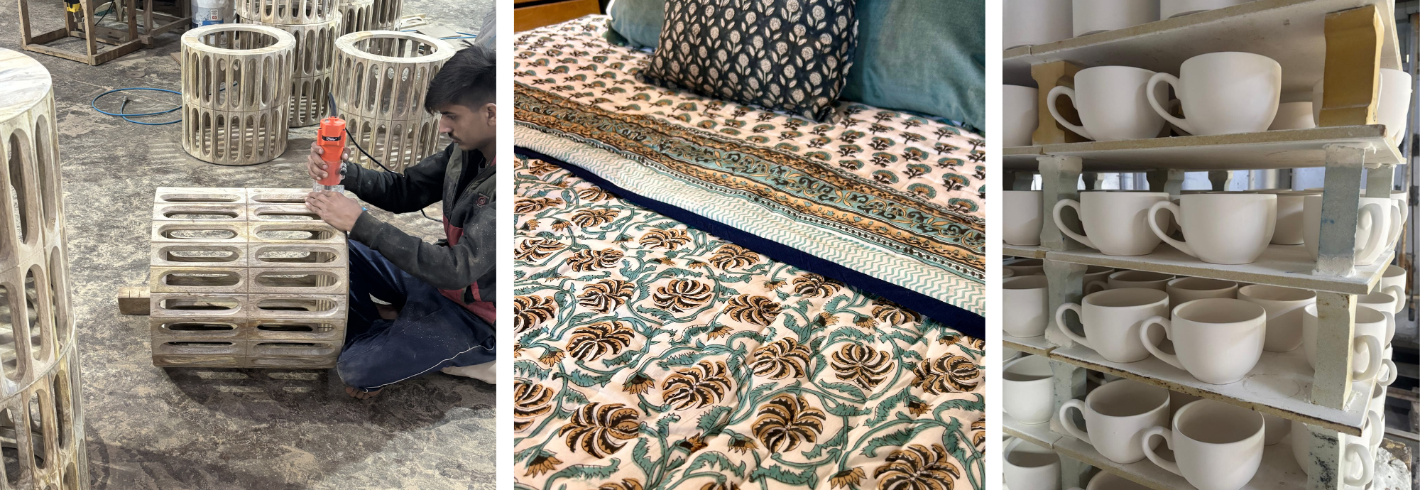 Handcrafted coffee tables, block print throws and mugs from India