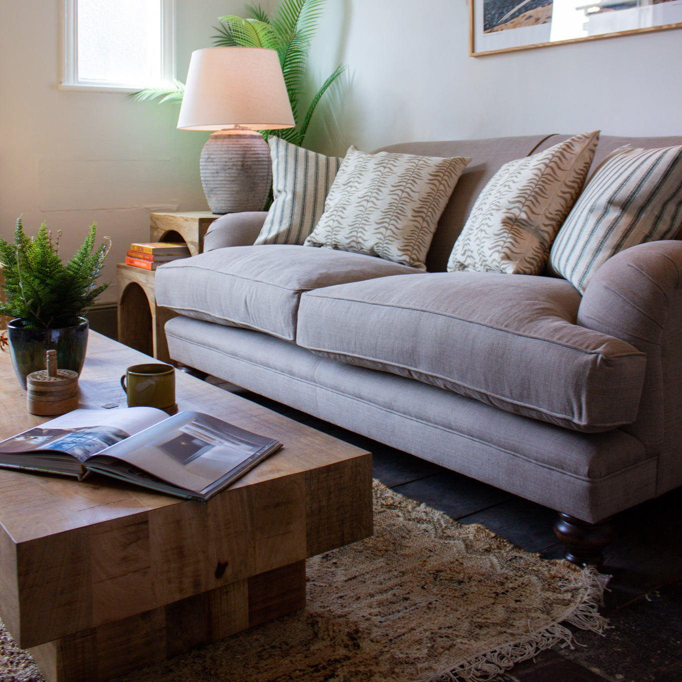 Paulus & Brown Lovelle 3 Seater Upholstered Sofa - Mocha - Lifestyle at Uneeka Home