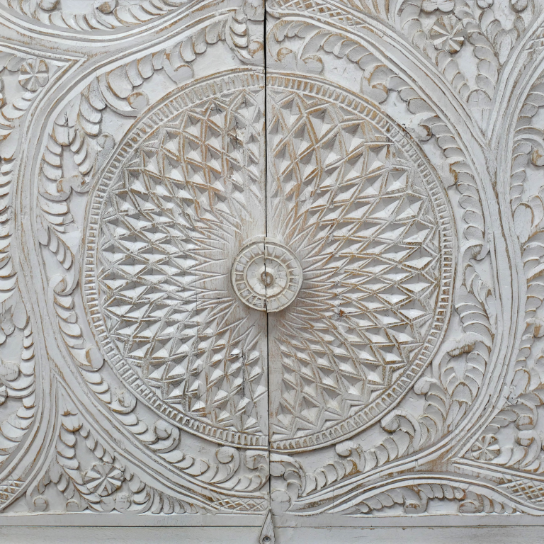 Ornate White Wash Engraved Four Door Sideboard - 10202 - Uneeka