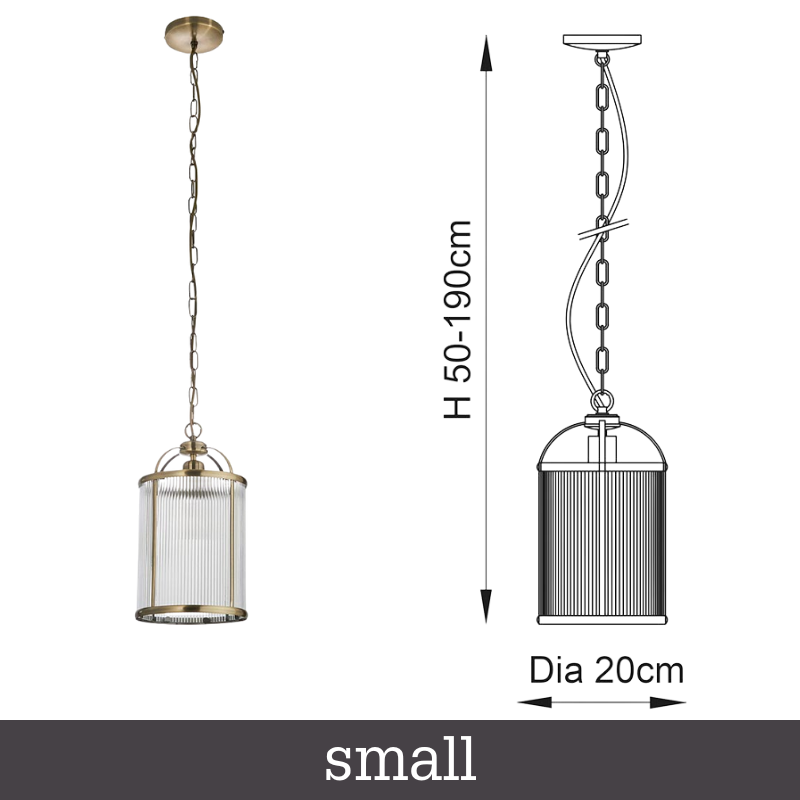 106710 Antique Brass Ribbed Glass Pendant - Small - Dimensions - Uneeka Lighting