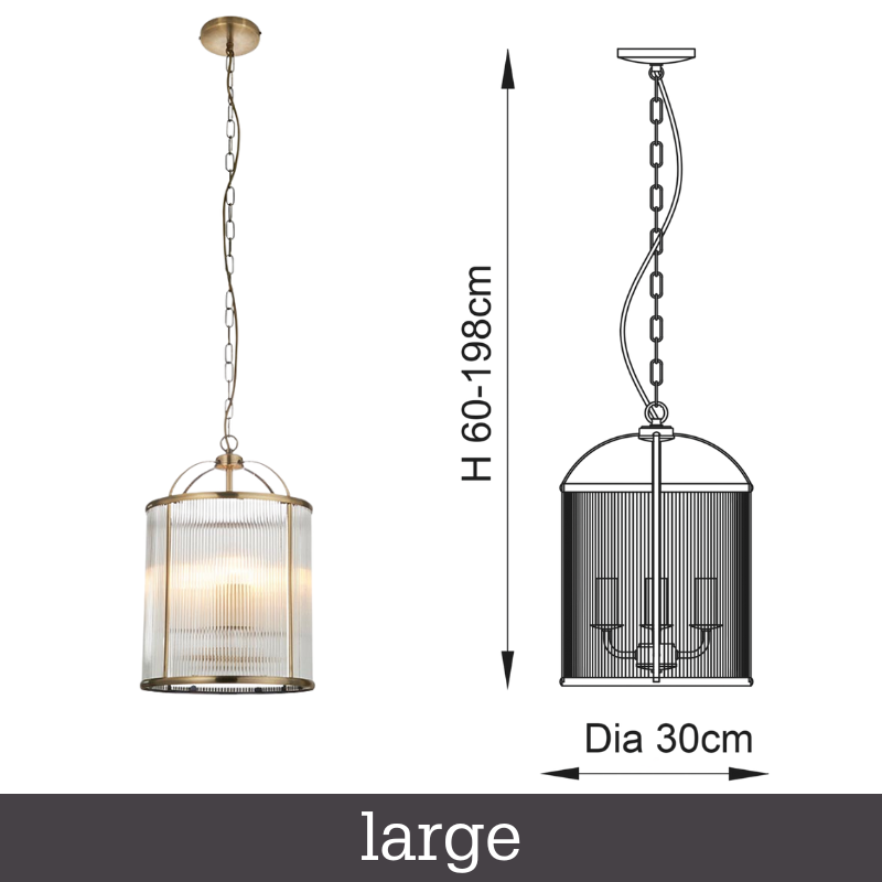 106711 Antique Brass Ribbed Glass Pendant - Large - Dimensions - Uneeka Lighting