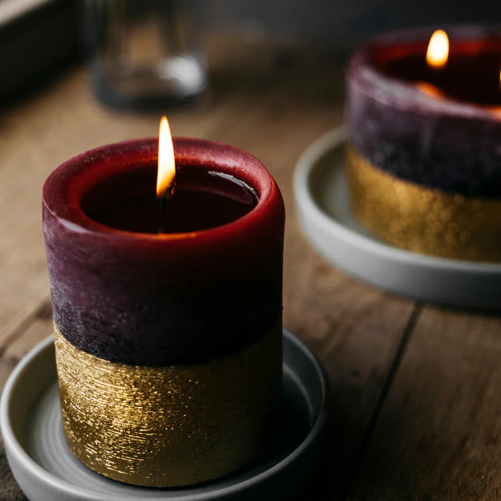 Gold Half Dipped Pillar Candle Figgy Pudding - F00356 - Uneeka
