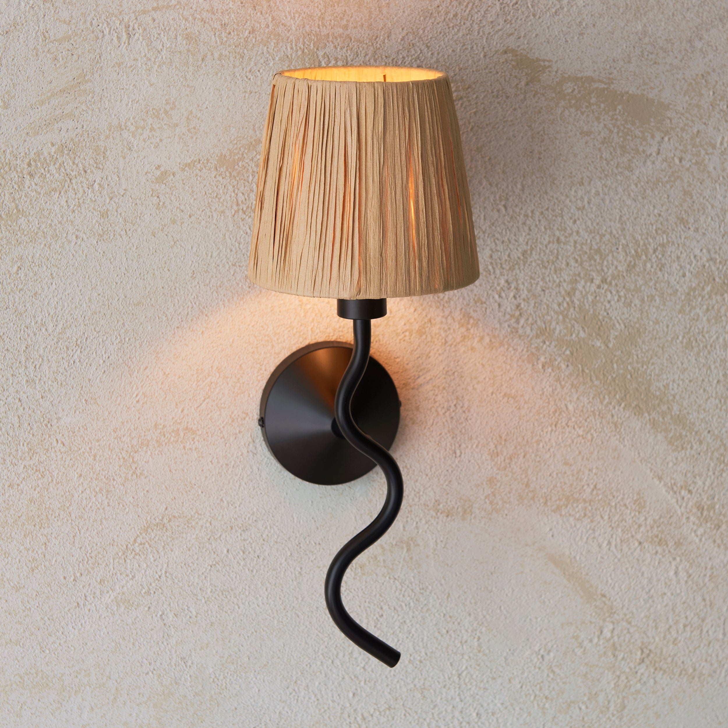 114226 Matt Black Wiggle Wall Light with Raffia Shade- Uneeka Lighting