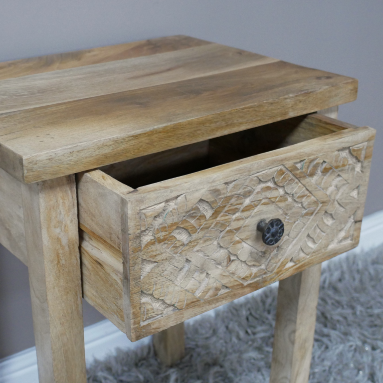 Mango Wood One Drawer Carved Bedside Table - 12004 - Uneeka