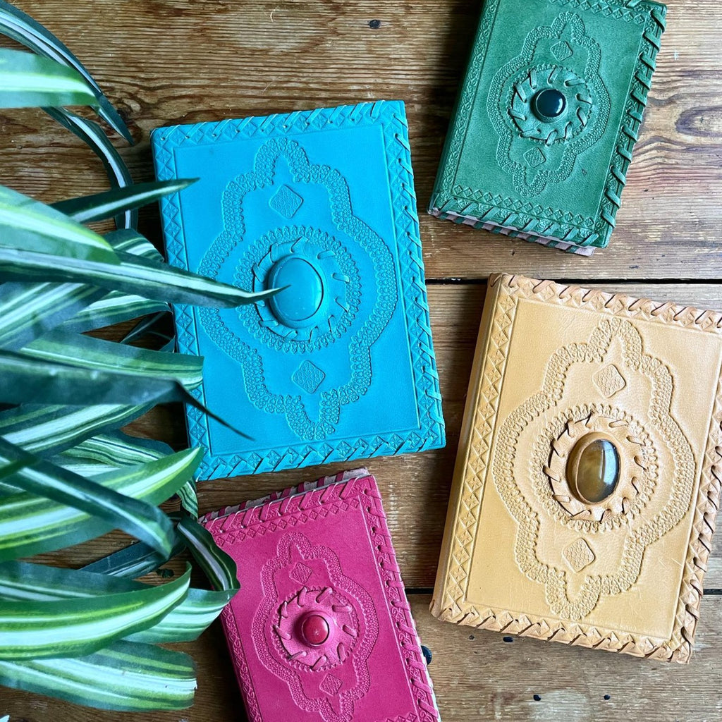 Leather Notebook With Semi-Precious Stone blue, green, yellow and pink