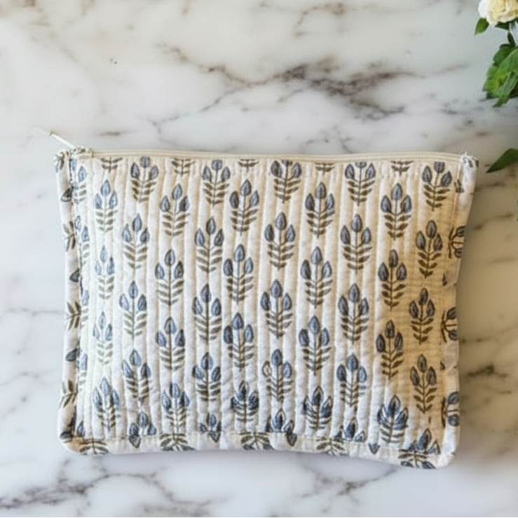 White & Blue Floral Block Print Pouch Bag - bbscent155UK06 - Uneeka