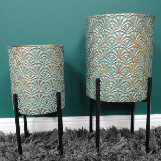 Art Deco Blue and Gold Metal Planters - 7878S - Uneeka
