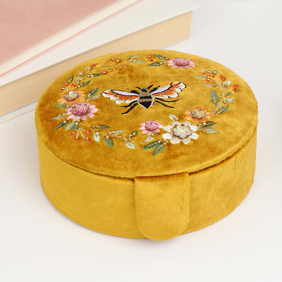 Embroidered Bumble Bee Round Velvet Jewellery Box - 81559 - Uneeka