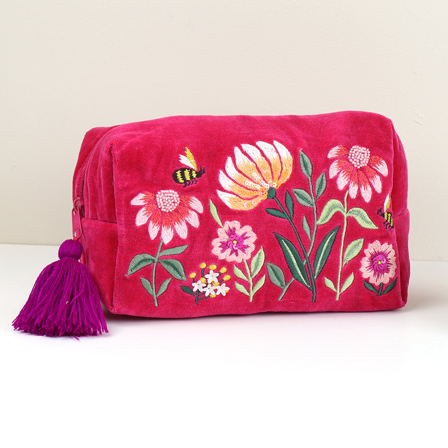 Embroidered Floral Velvet Makeup Bag - 81588 - Uneeka