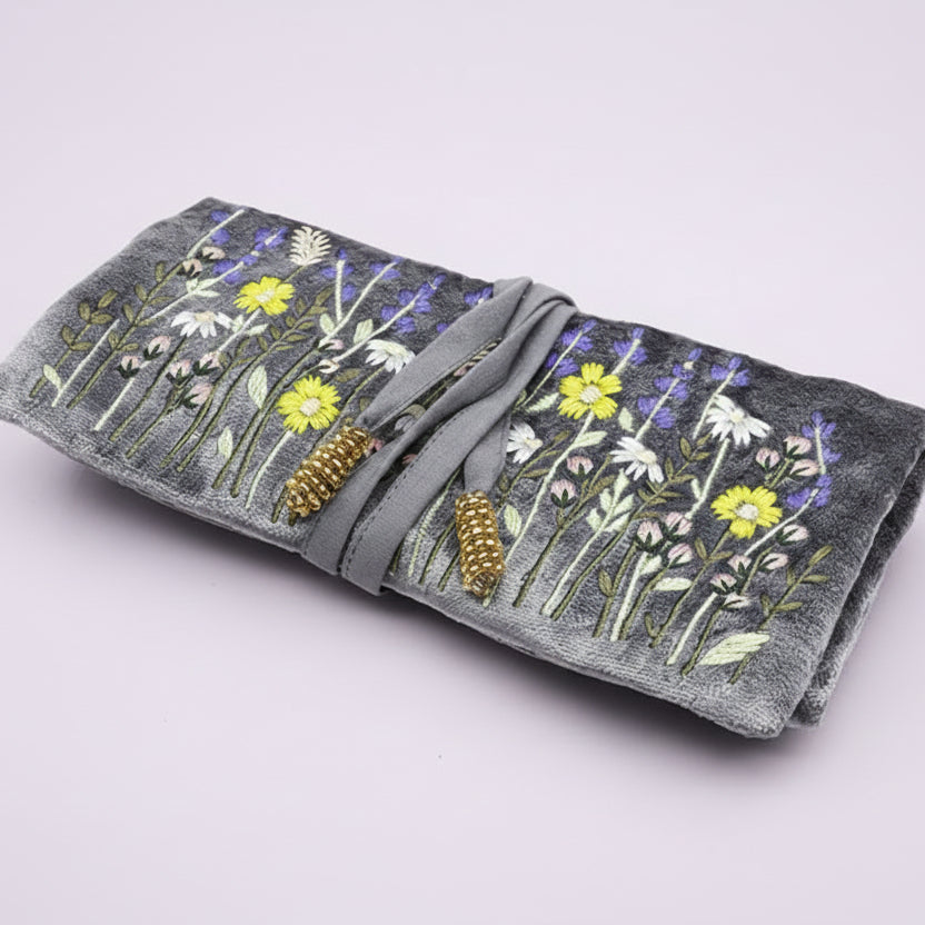 Embroidered Lavender Velvet Jewellery Roll With Ties - 81648 - Uneeka