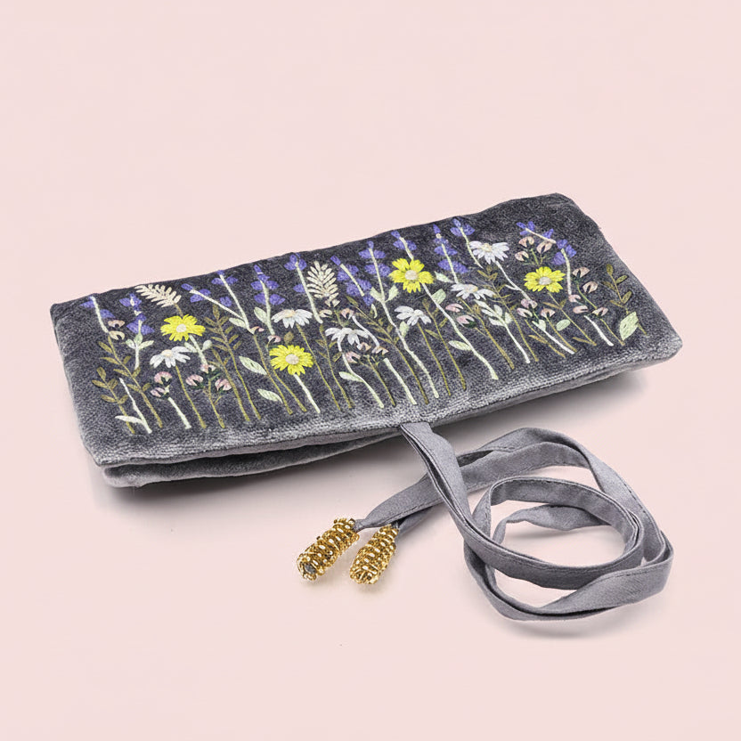 Embroidered Lavender Velvet Jewellery Roll With Ties - 81648 - Uneeka