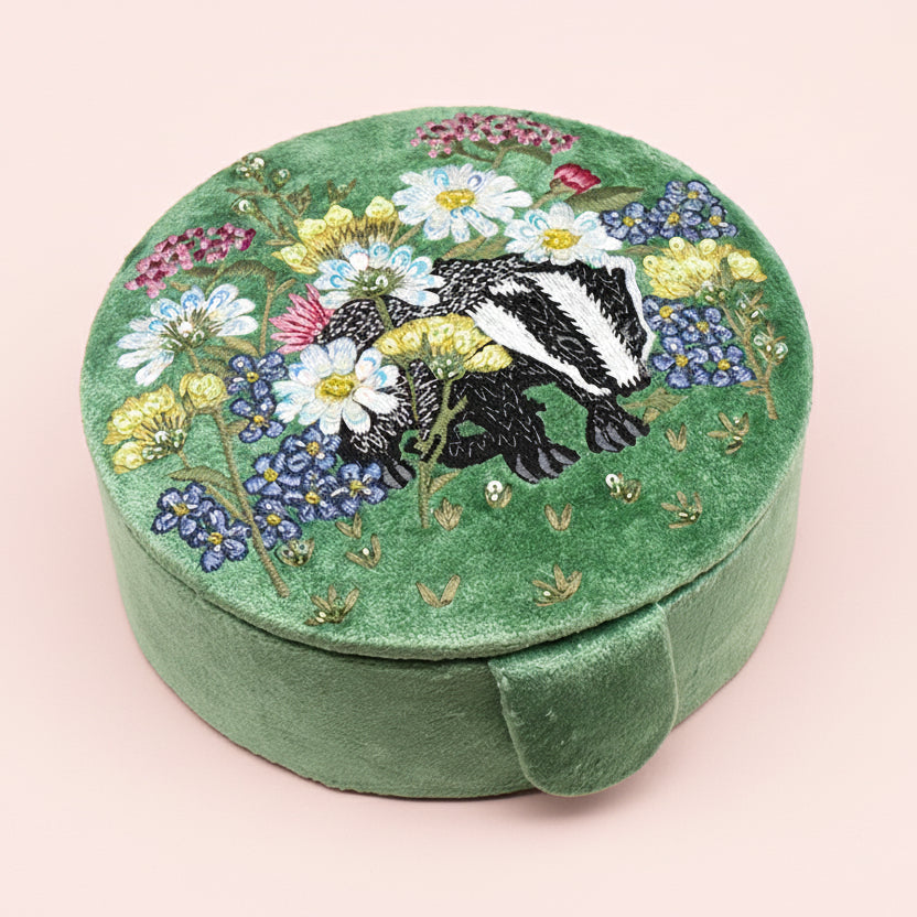 Embroidered Floral Badger Round Velvet Jewellery Box - 81724 - Uneeka