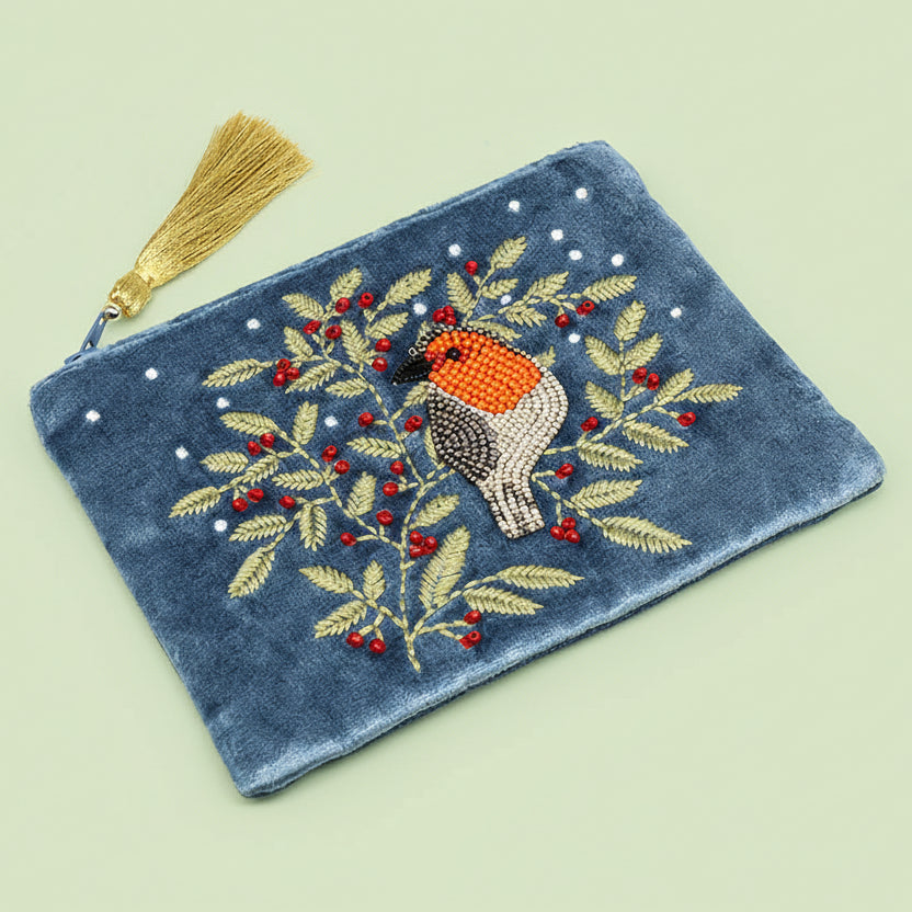 Embellished Robin Velvet Cosmetic Pouch - 81727 - Uneeka