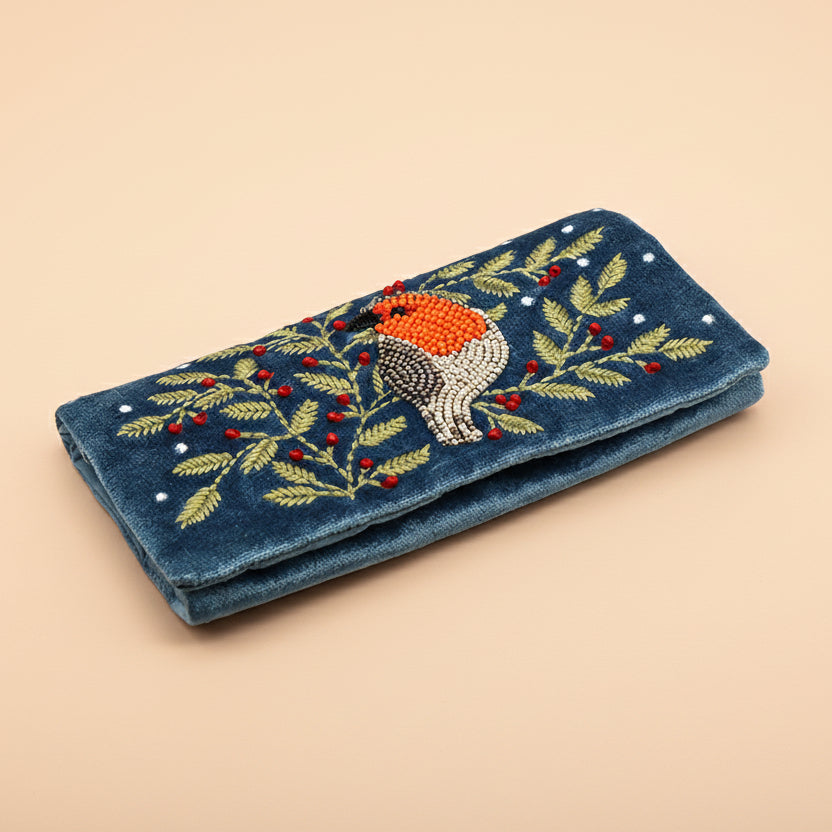 Embroidered Robin Velvet Jewellery Roll - 81728 - Uneeka