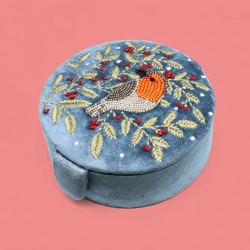 Embellished Robin Round Velvet Jewellery Box - 81730 - Uneeka